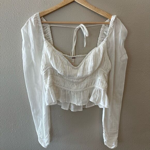 Free People Chloe Cotton V Neck White Smocked Back Boho Crop Top Size S - Picture 3 of 8